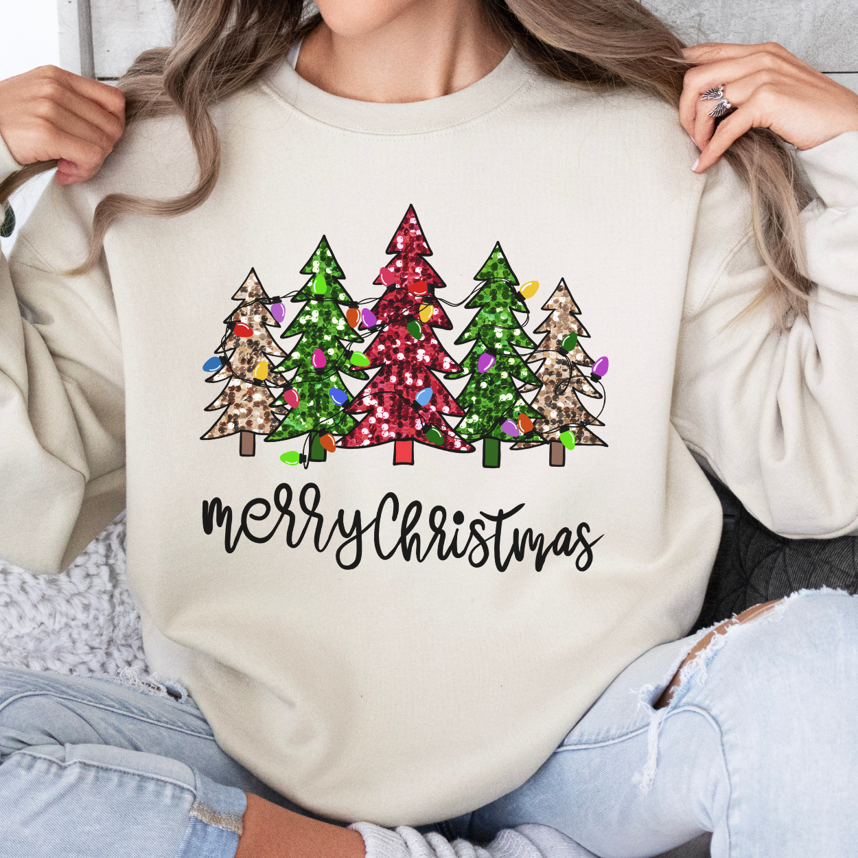 Merry Christmas Sweatshirt with Sparkling trees