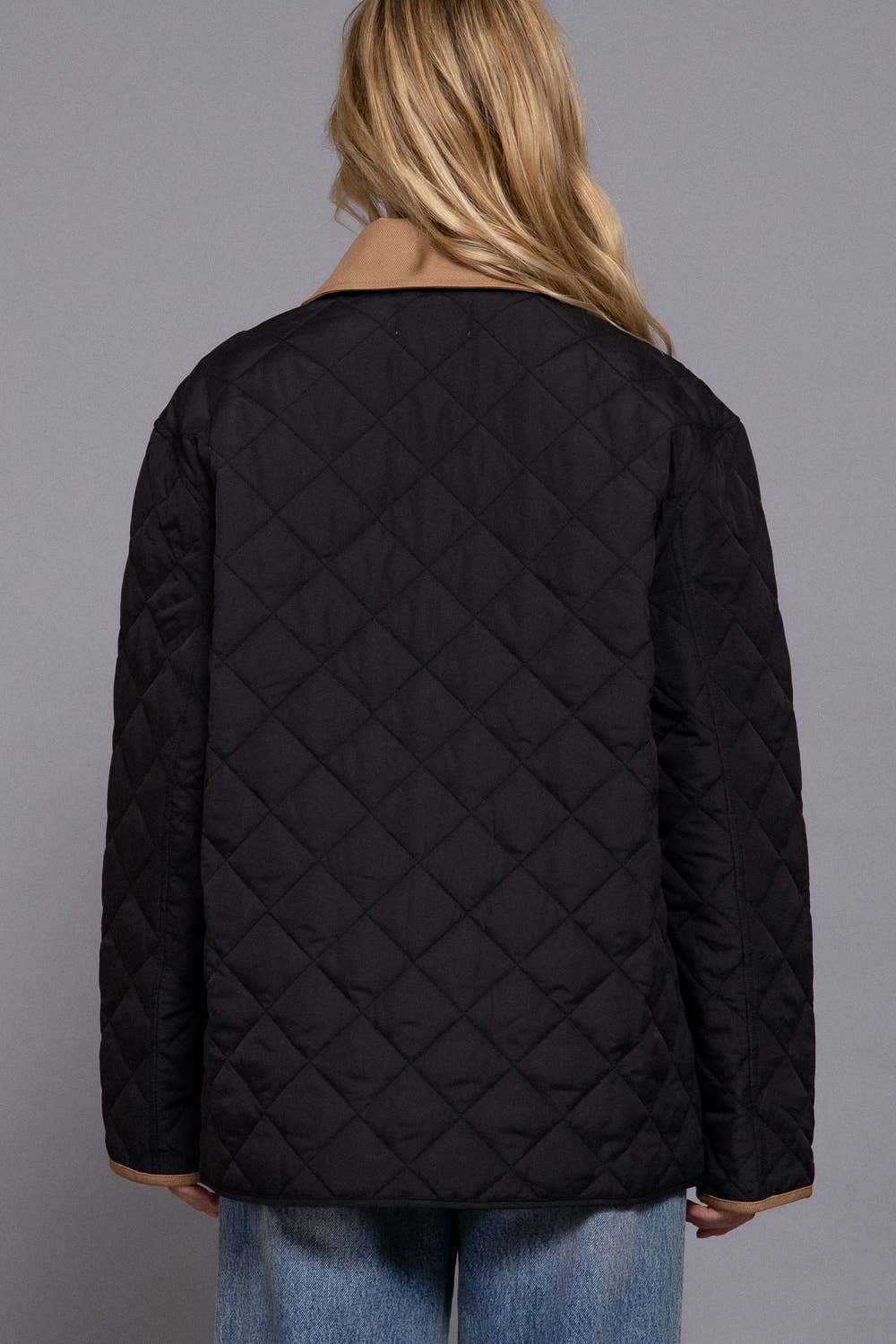 Long Sleeve Contrast Lapel Collar Quilted Puffer Work Jacket (pink)