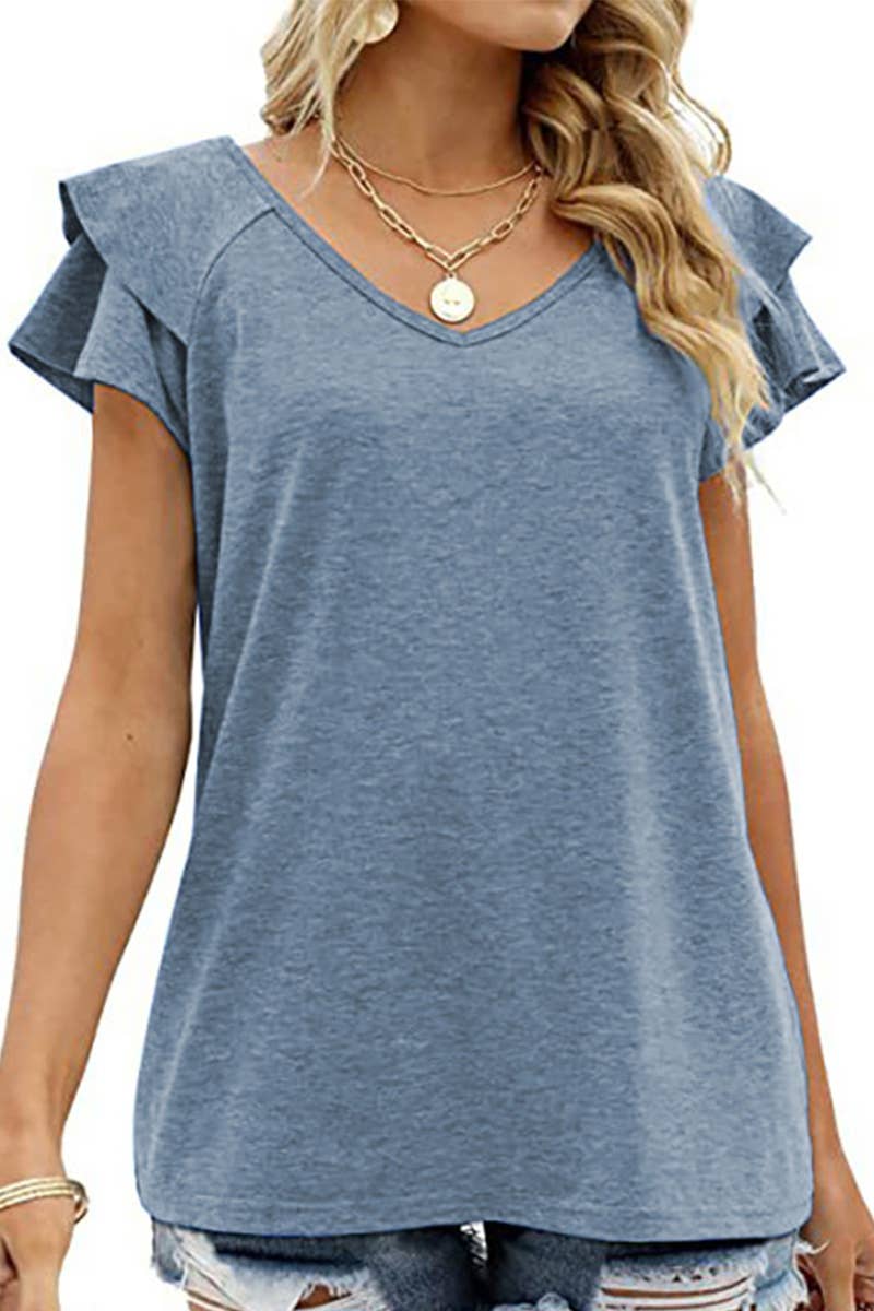 V-Neck Double Sleeve Loose Top (Blue Grey)