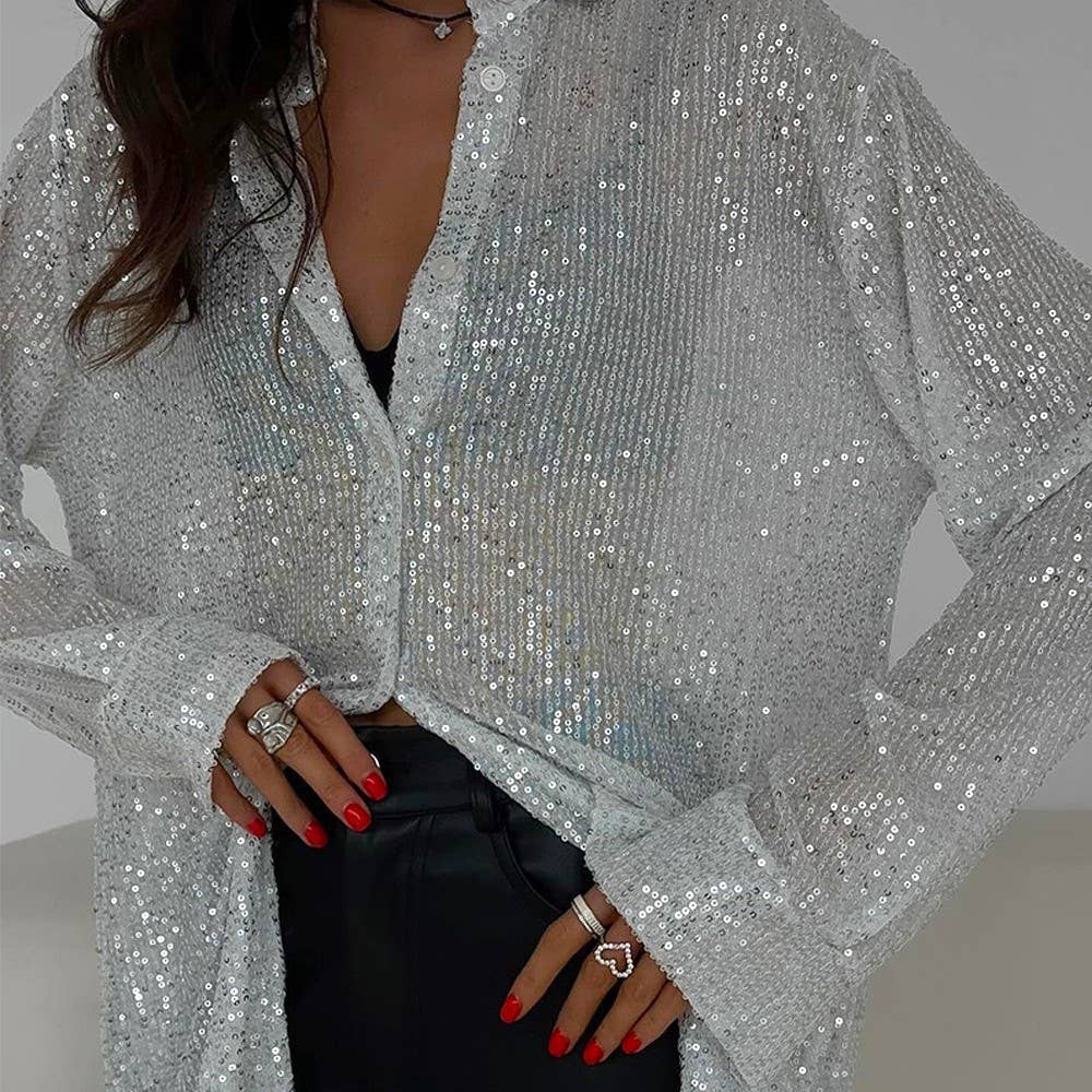 Sequins Stylish Casual Roll-Neck Shirt