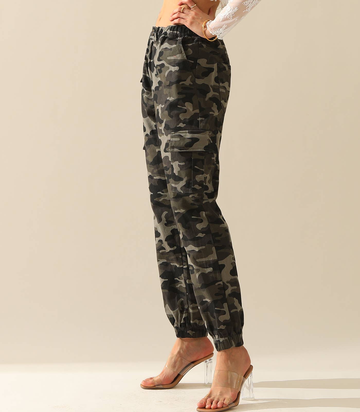 Elastic Waist Camo Cargo Pants Cotton Work Pants