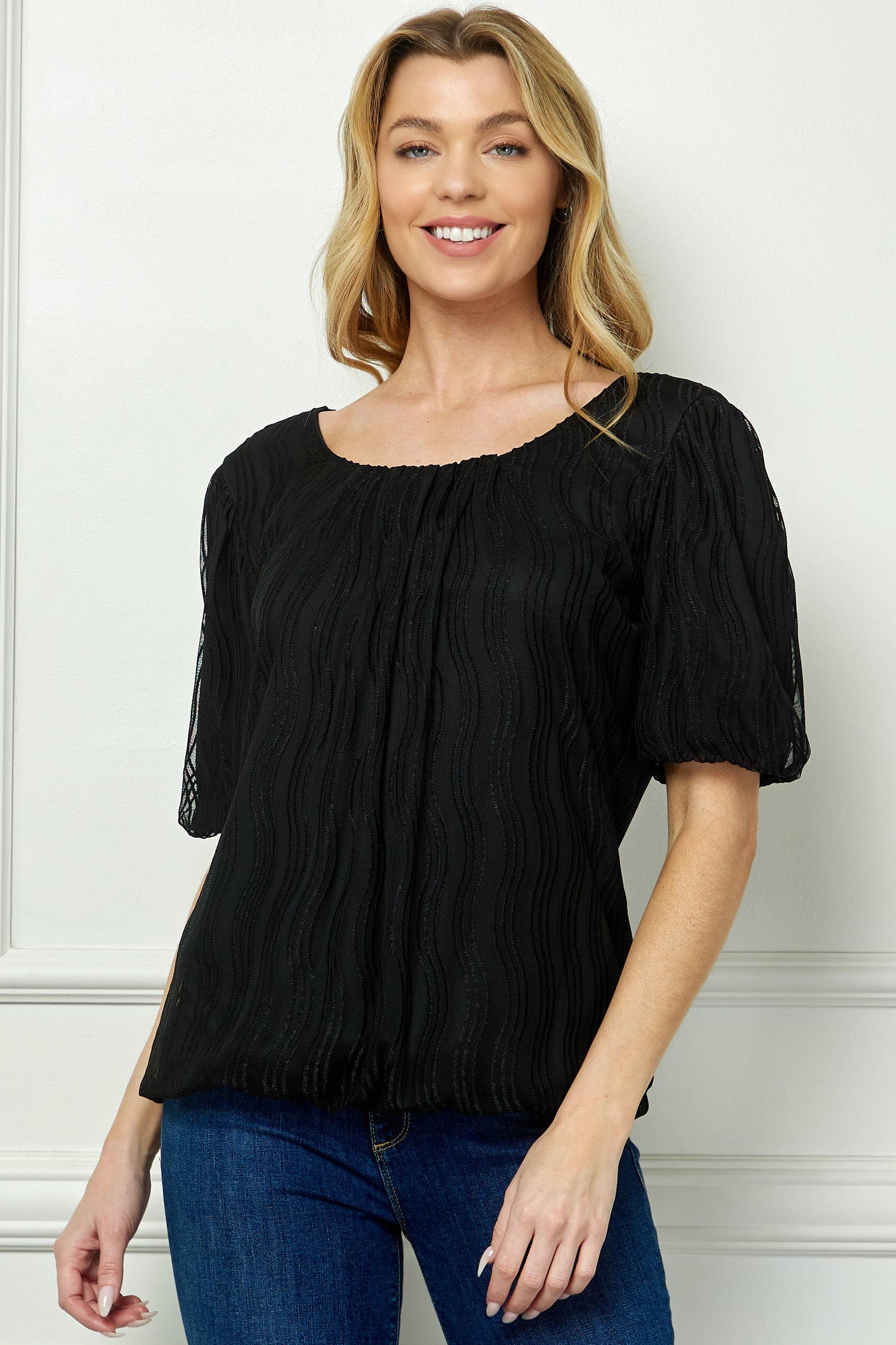 Wave Cord Mesh Bubble Sleeve Pleats Top