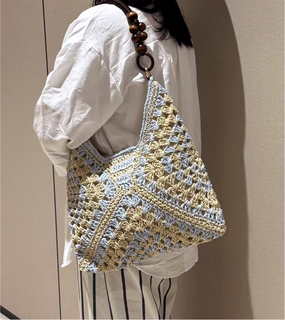 Boho Color Block Crochet Straw Tote Bag