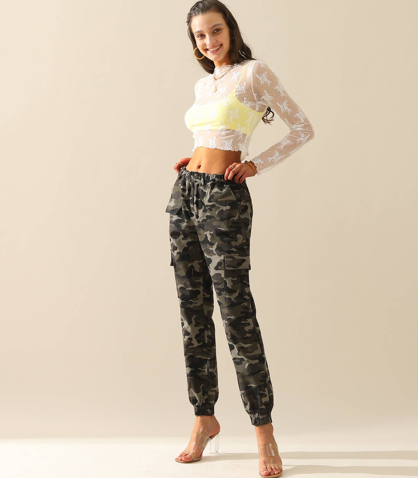 Elastic Waist Camo Cargo Pants Cotton Work Pants