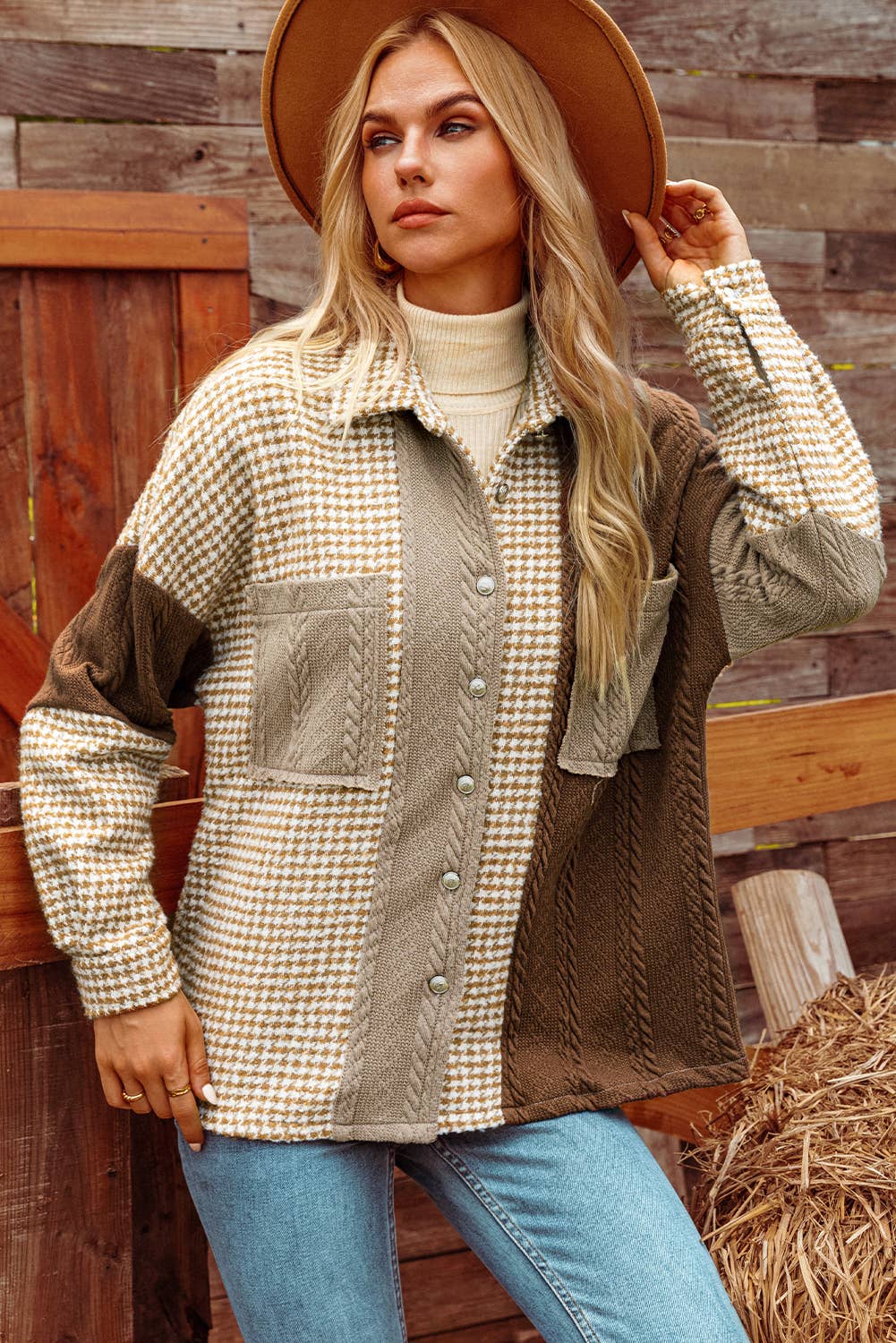 Houndstooth Contrast Texture Patchwork Loose Shacket