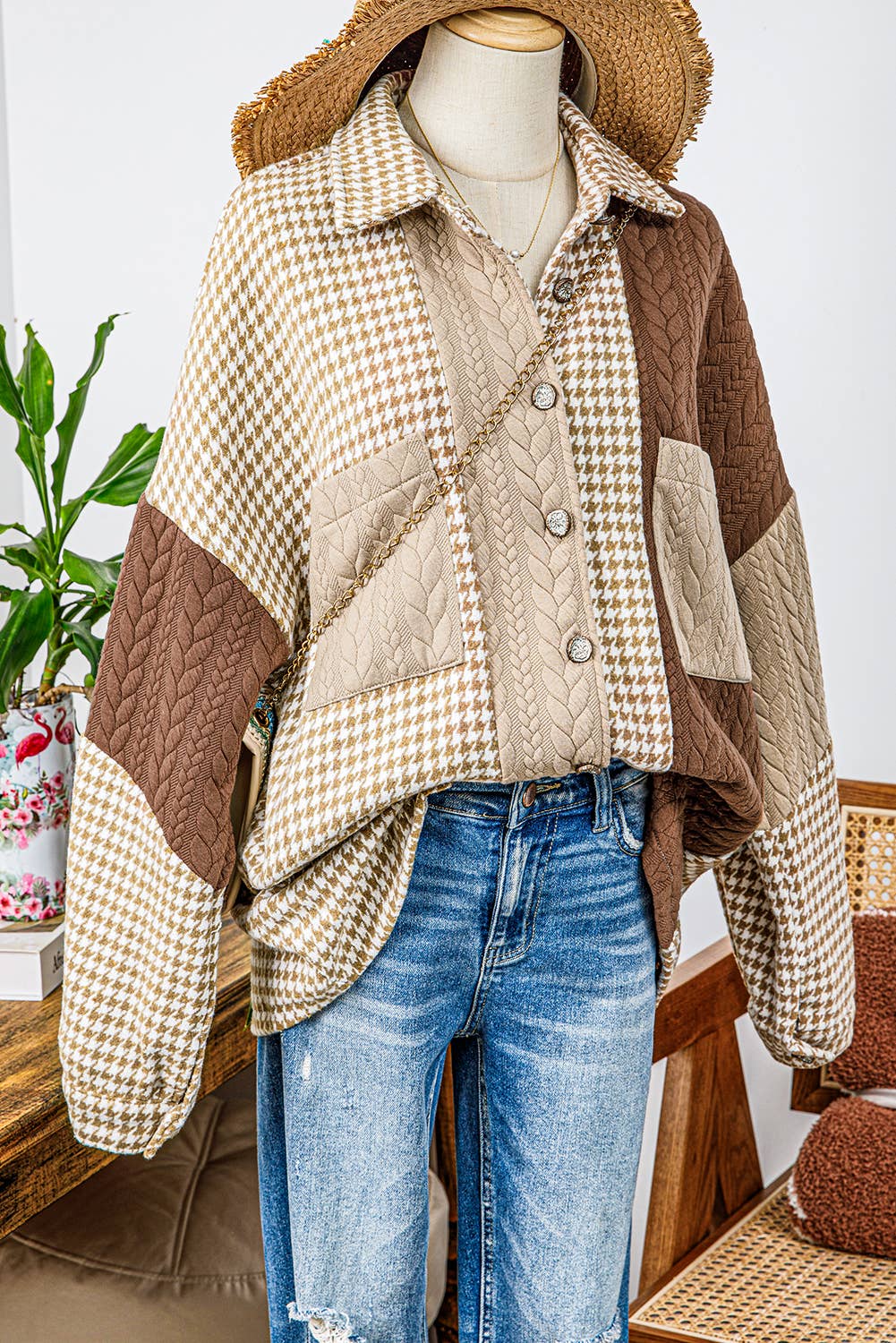 Houndstooth Contrast Texture Patchwork Loose Shacket