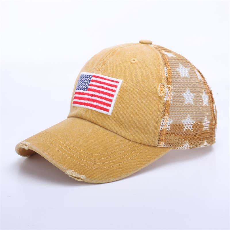 Distressed American Flag Star Mesh Baseball Cap