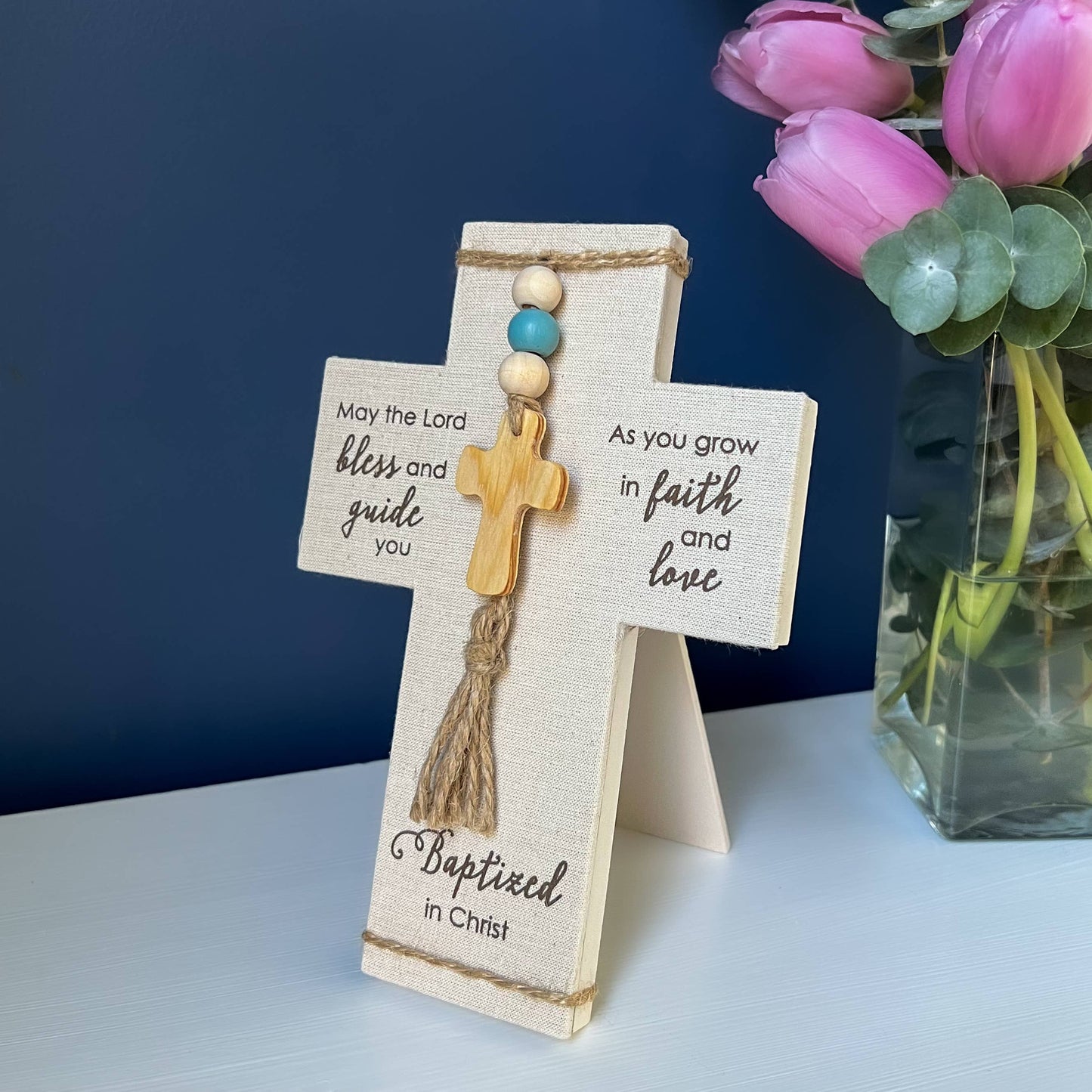 Baptized in Christ Fabric Cross: (Pink Beads)