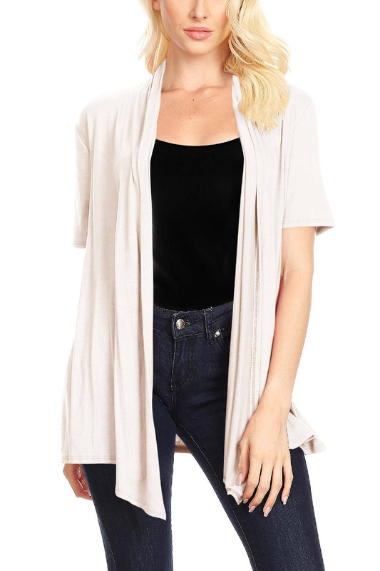 Women's Casual Solid Short Sleeve Loose Fit Open Cardigan (Ivory)
