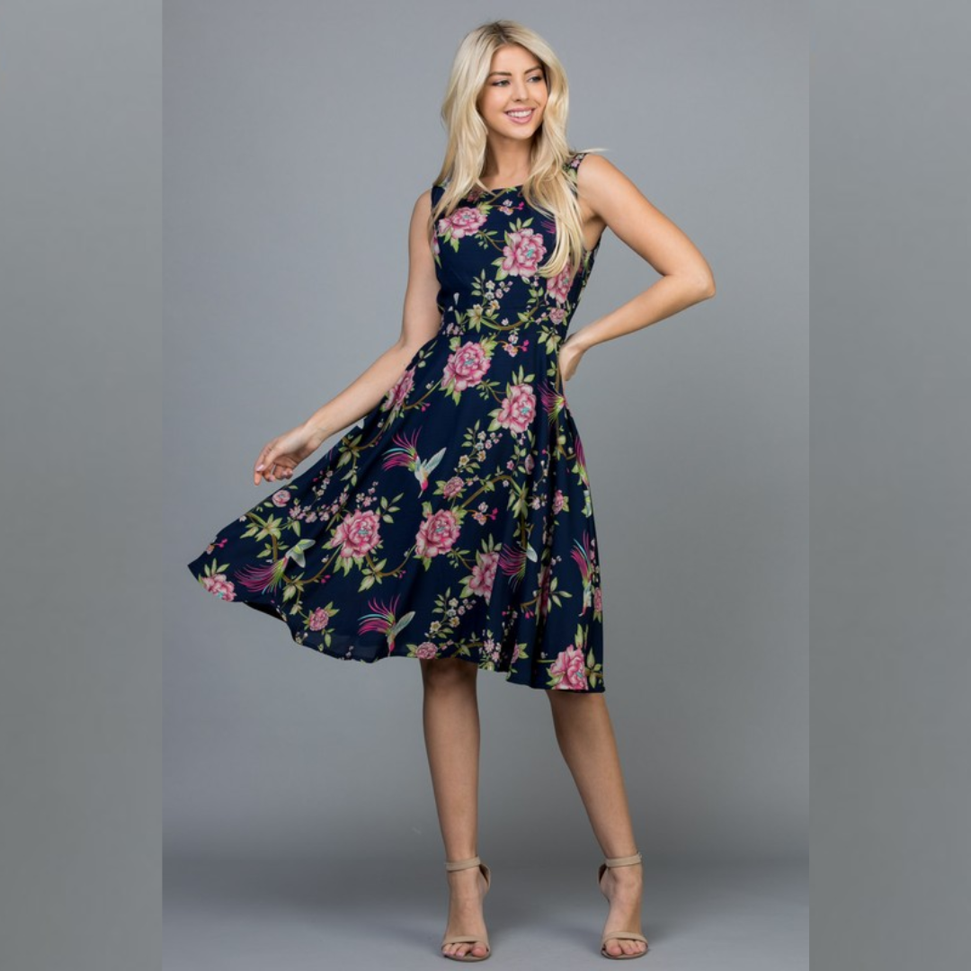 Floral with Peacock Print Midi Dress with Tie Back (Navy)