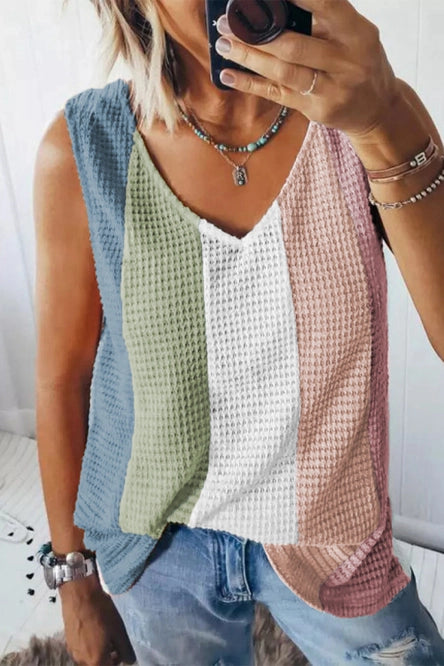 Casual Color Block V-Neck Waffle Knit Tank Top (blue stripe)