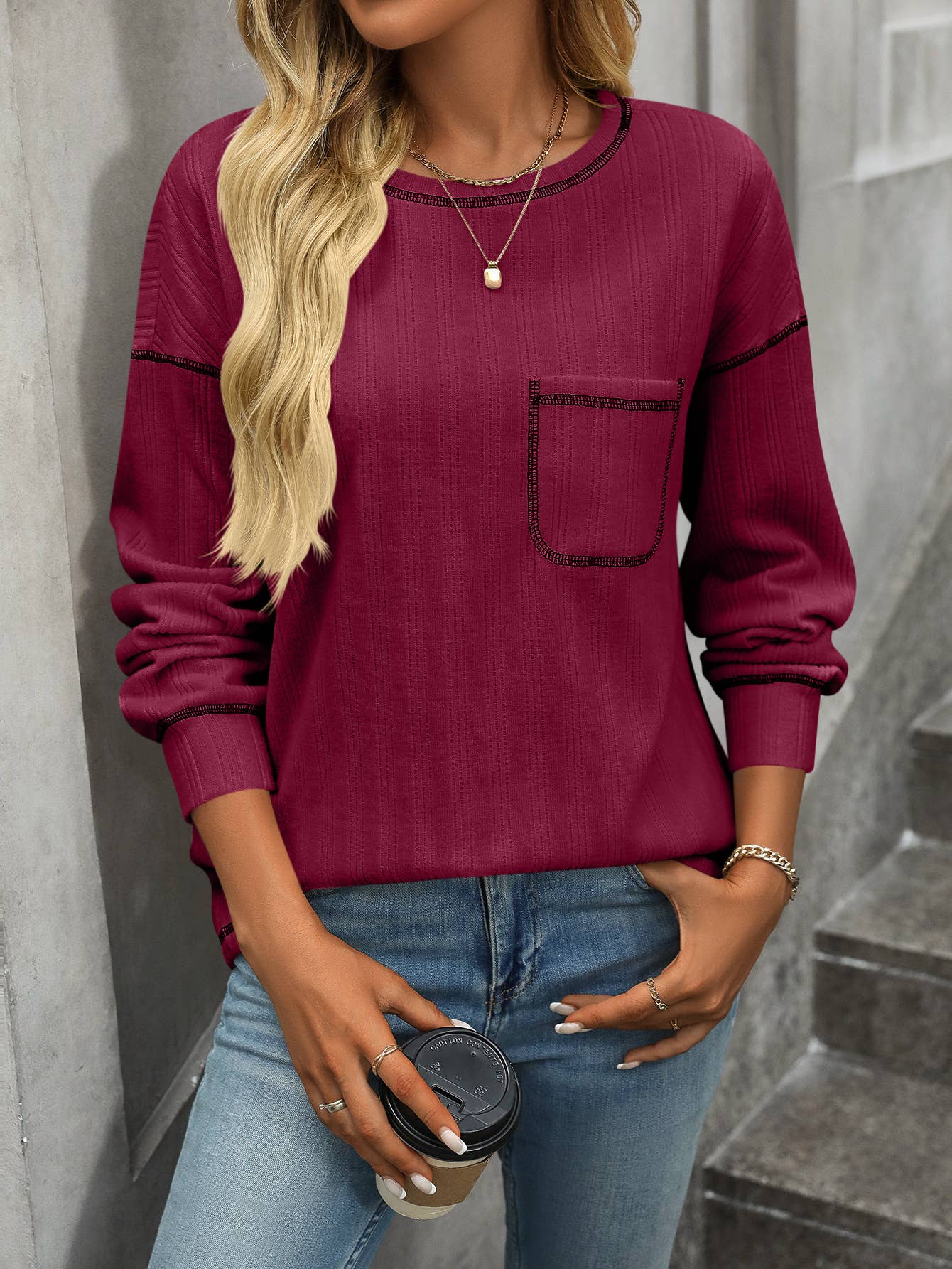 Pit-trimmed Round Neck Long Sleeve Shirt with Pocket