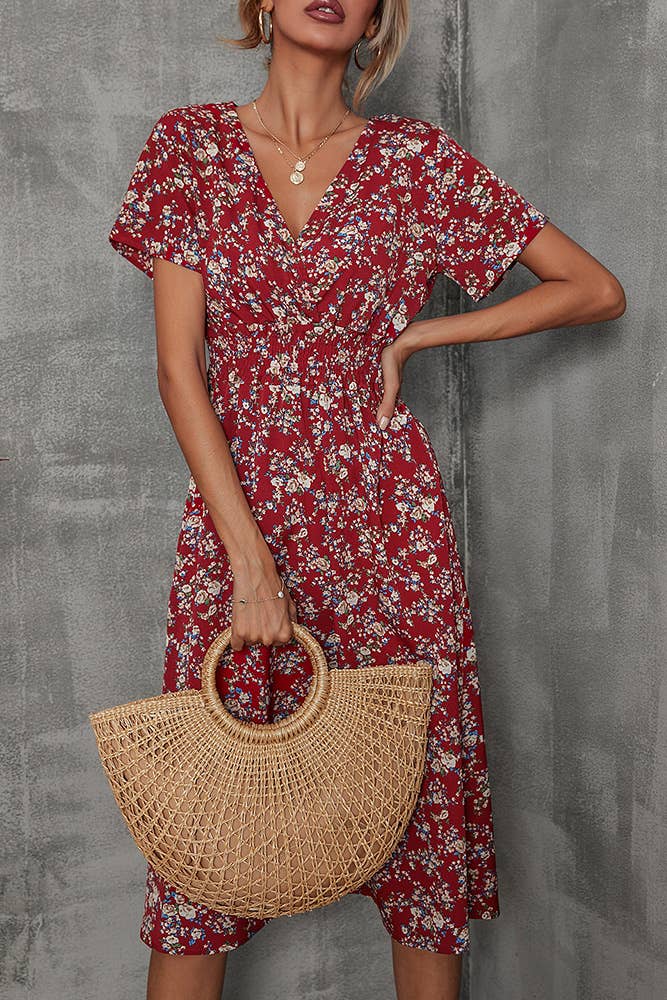 V Neck Smocked Waist Midi Floral Dress (Red Floral)