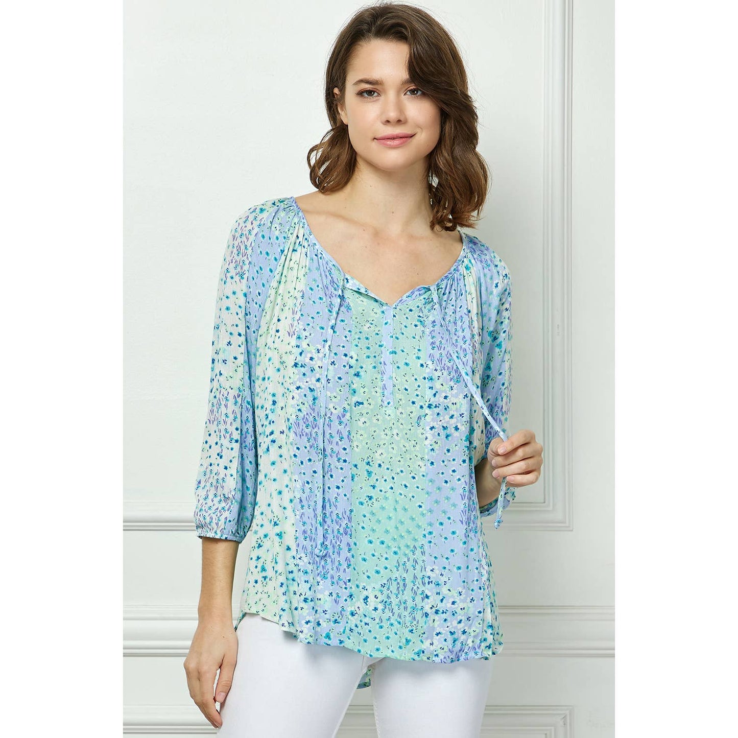 Blue Floral Round Neck Blouse