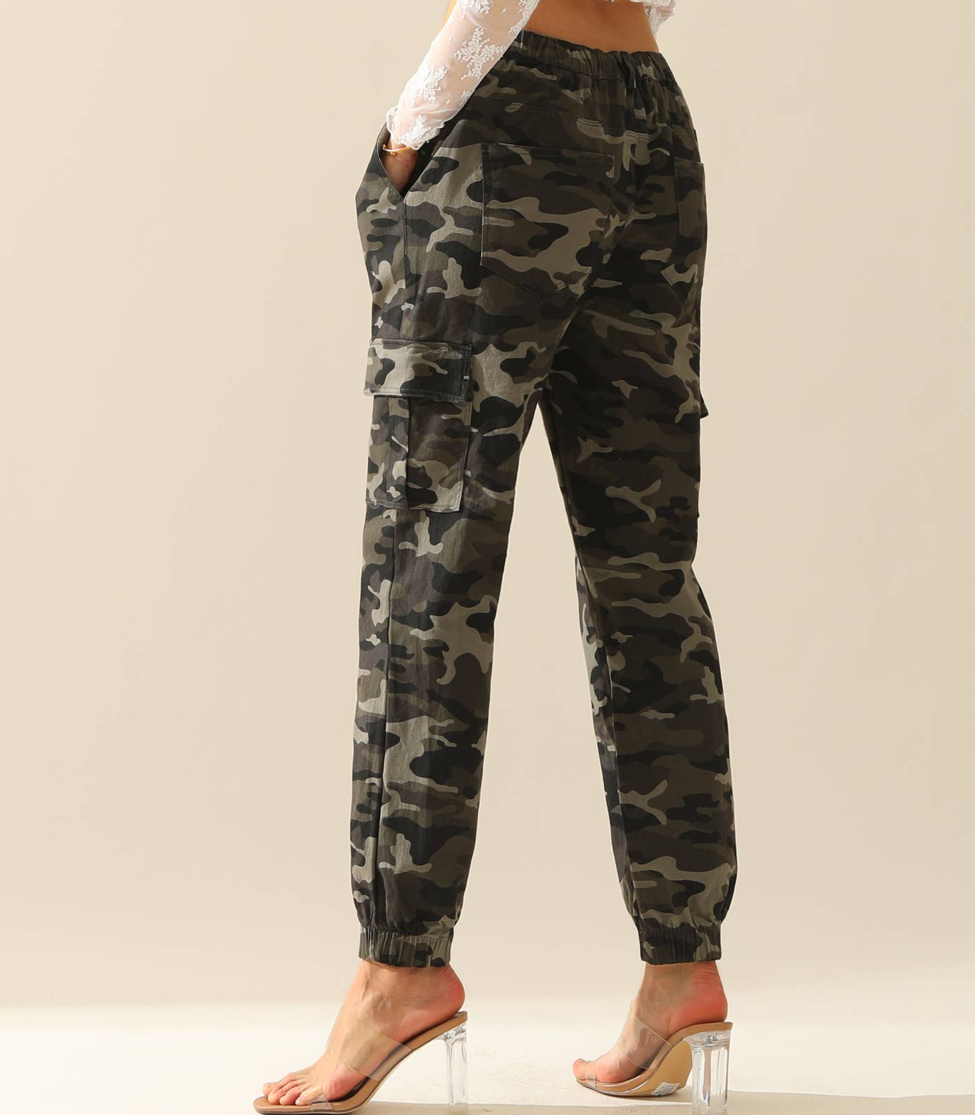 Elastic Waist Camo Cargo Pants Cotton Work Pants