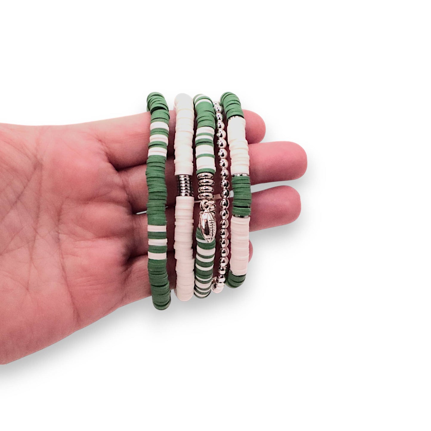 Green and White Game Day Bracelet Stack: Hockey (7 or 8 inch)