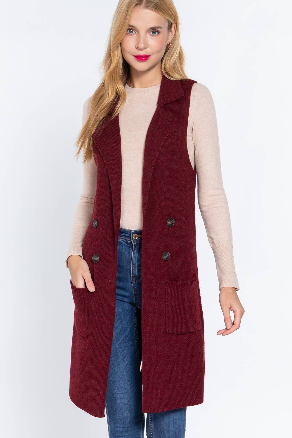 Sleeveless Notched Collar Long Sweater Vest