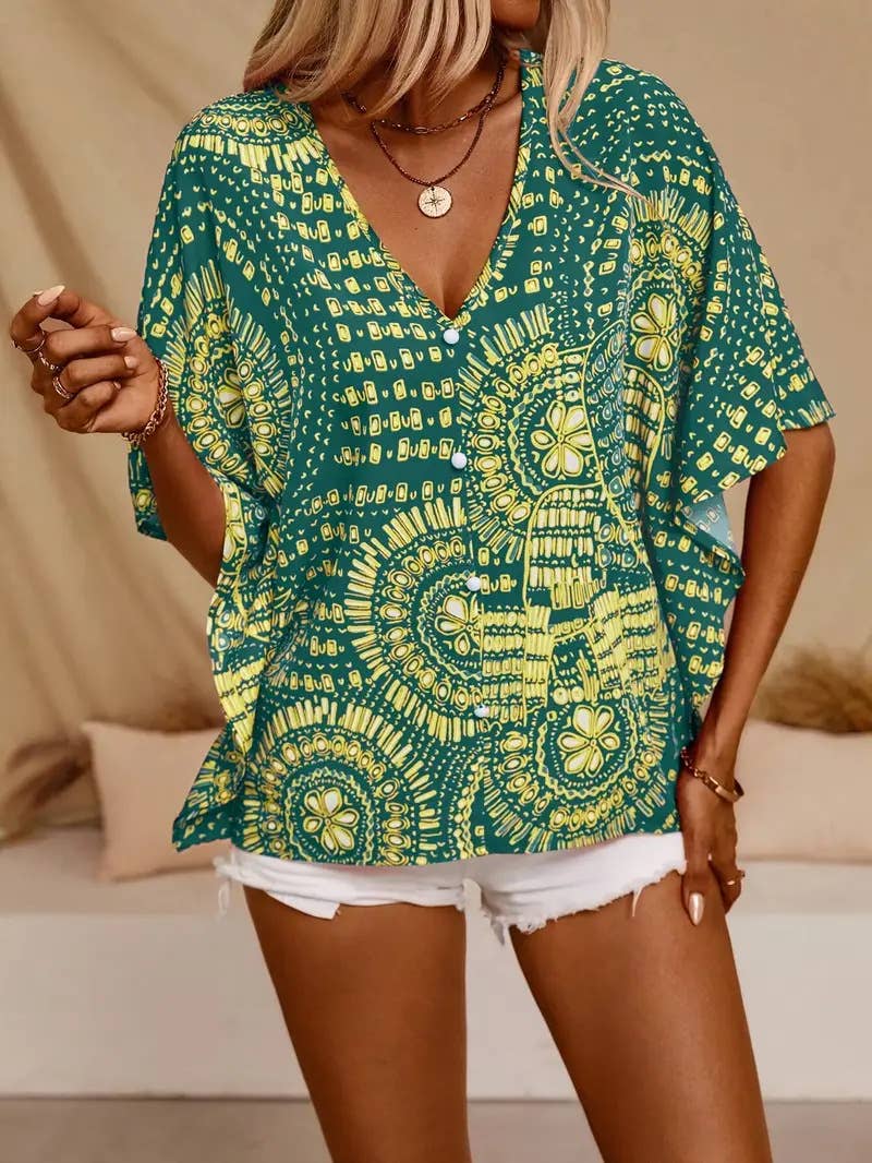 V-neck printed resort-style bat sleeved top