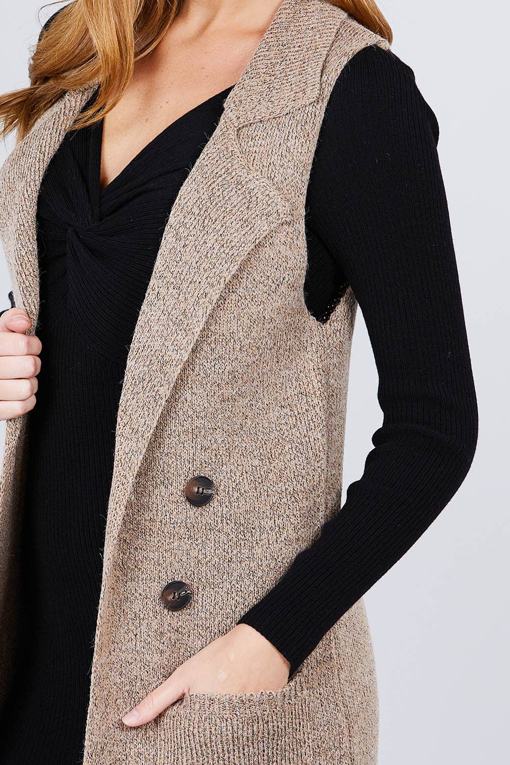 Sleeveless Notched Collar Long Sweater Vest