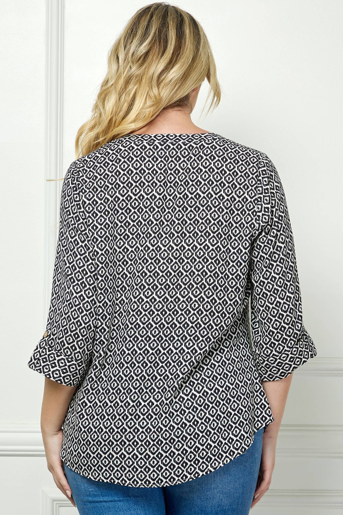Mandarin Collar Plaket Blouse (Plus Size)