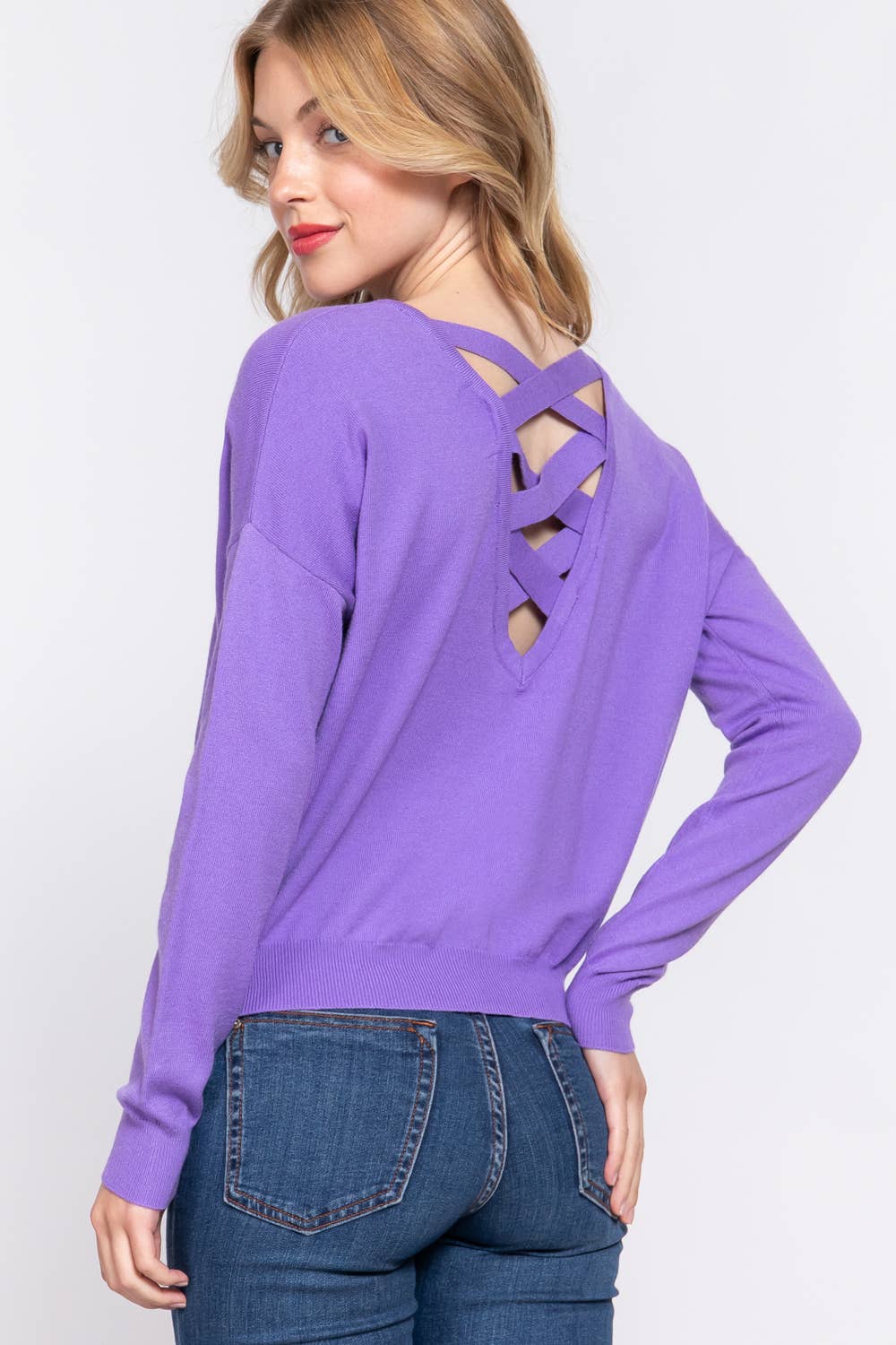 Long Sleeve V-neck Back Cross Strap Sweater