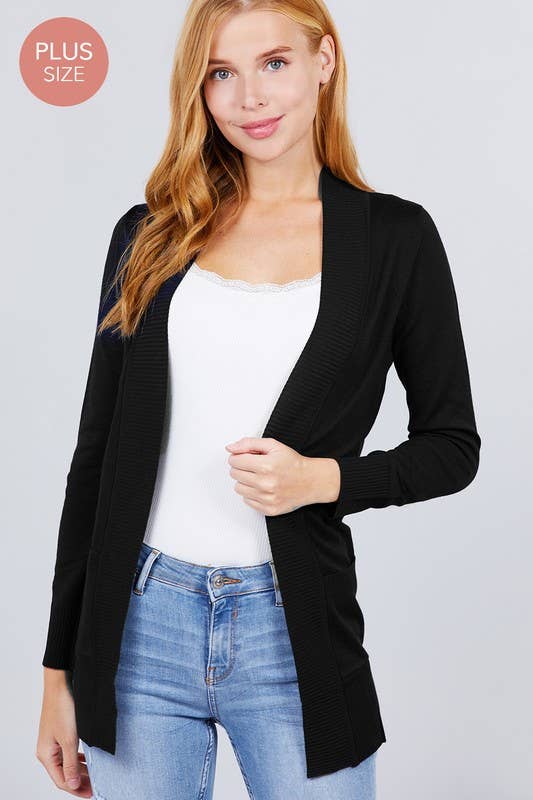 Long Sleeve Rib Banded Open Sweater Plus Size Cardigan (Black)