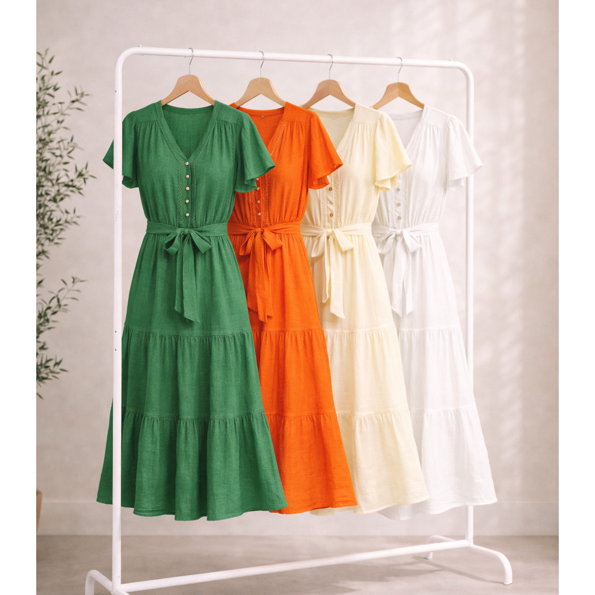Papaya Glow Gauze Midi Dress with Trim Details