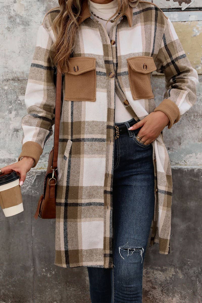 Casual Brushed Plaid Mid-Length Coat