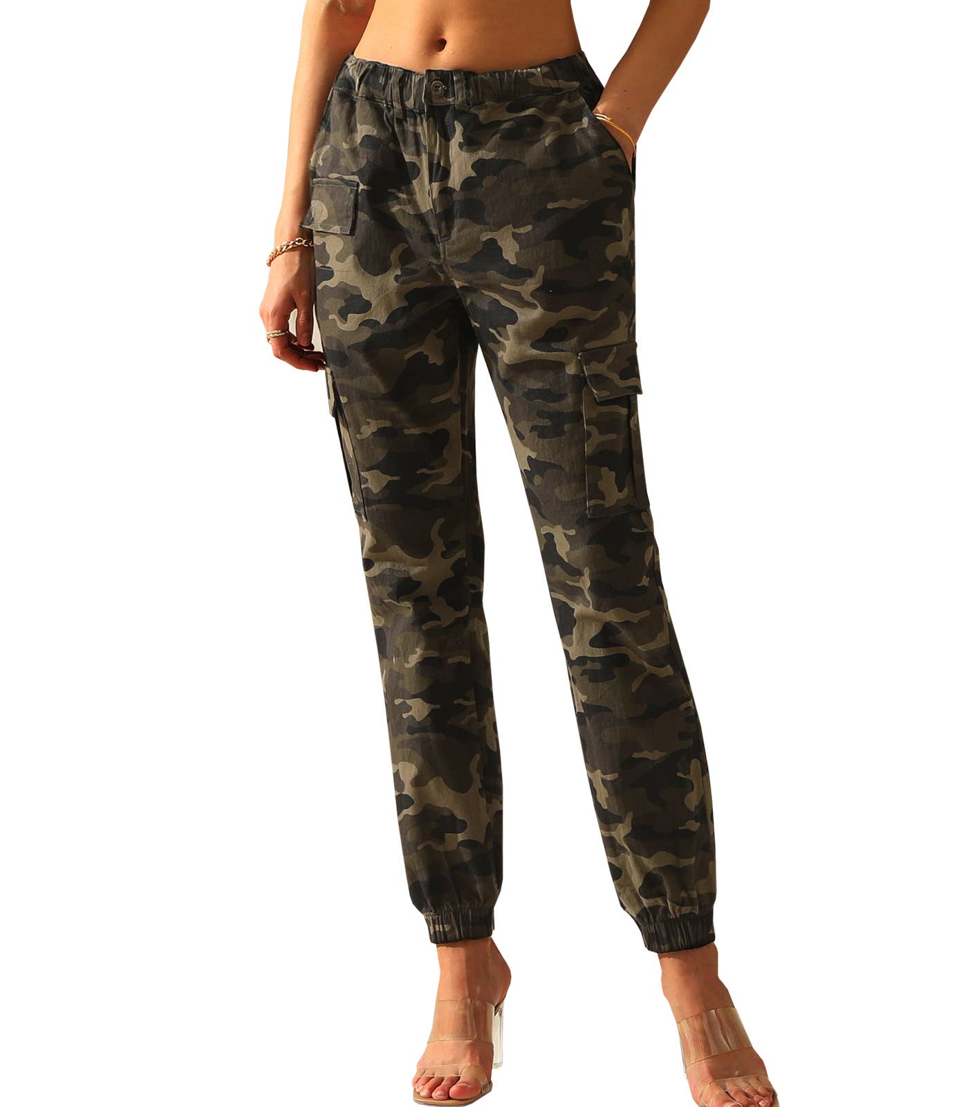 Elastic Waist Camo Cargo Pants Cotton Work Pants