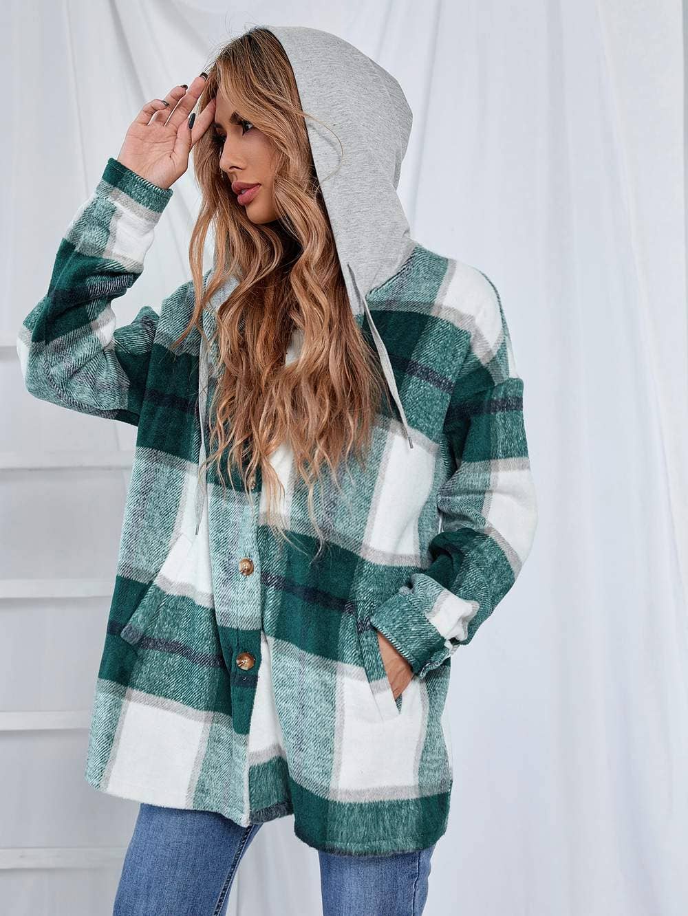 Plaid button front drawstring hooded coat