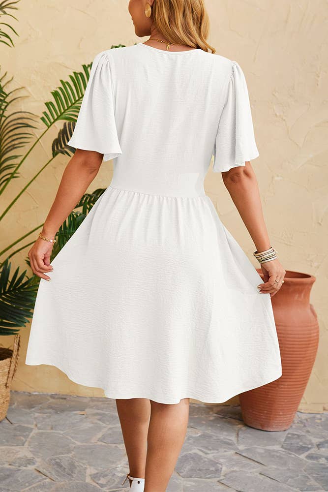 Plain V Neck Flare Sleeves High Waist Dress