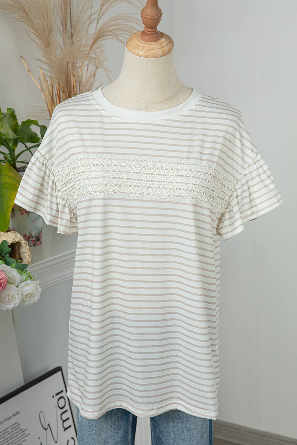 Women Striped Lace Splicing Ruffle Sleeve T-shirt