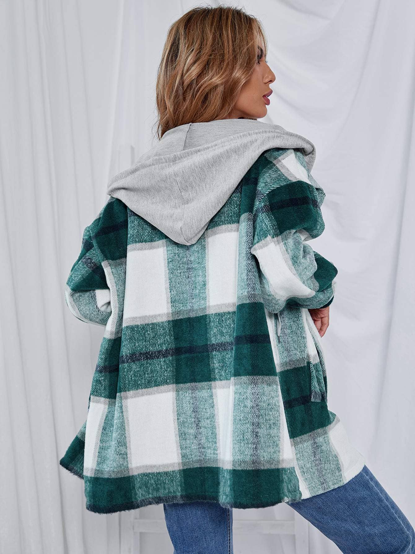 Plaid button front drawstring hooded coat