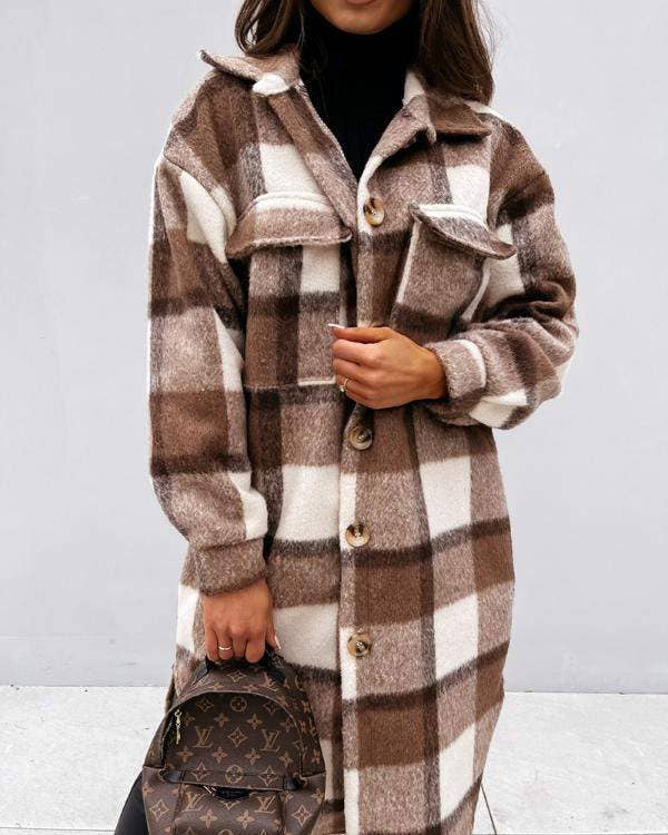 Plaid Long Shacket with Pocket Design