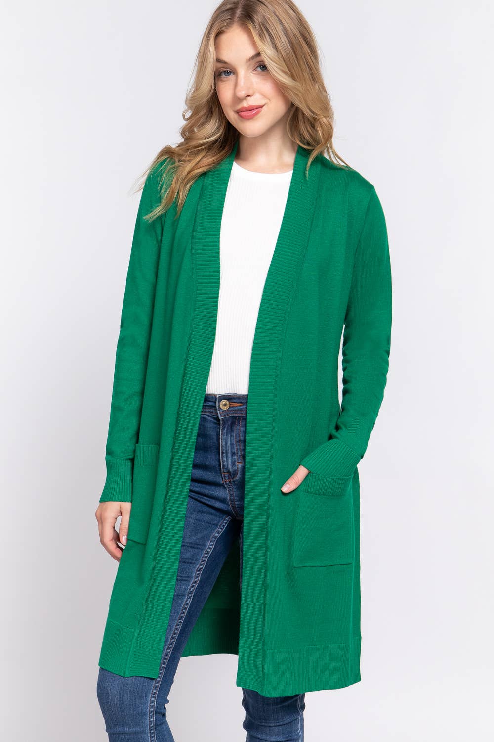 Long Sleeve Rib Banded Open Tunic Sweater Cardigan (green)