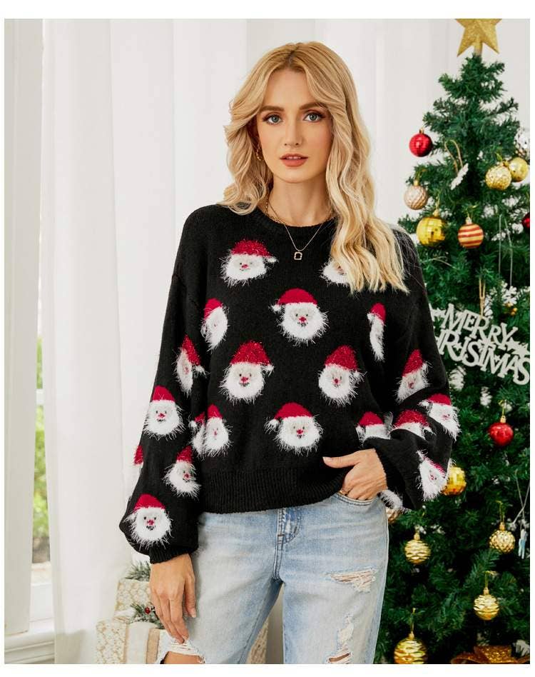 Santa's Head Pattern Crewneck Pullover Sweater