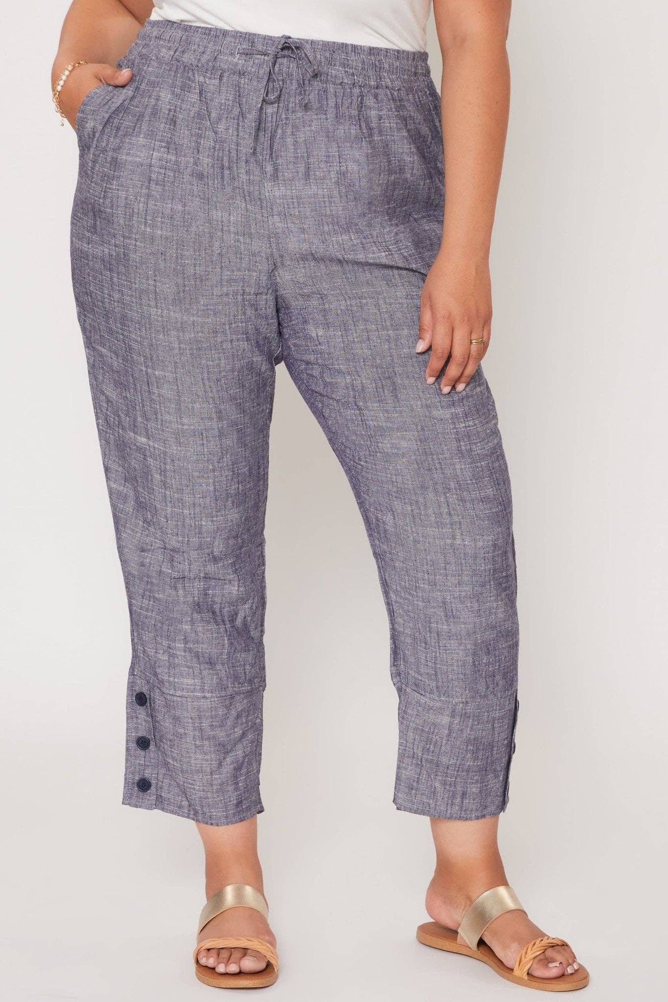 Linen Button Hem Flood Pants (Missy Plus Size)