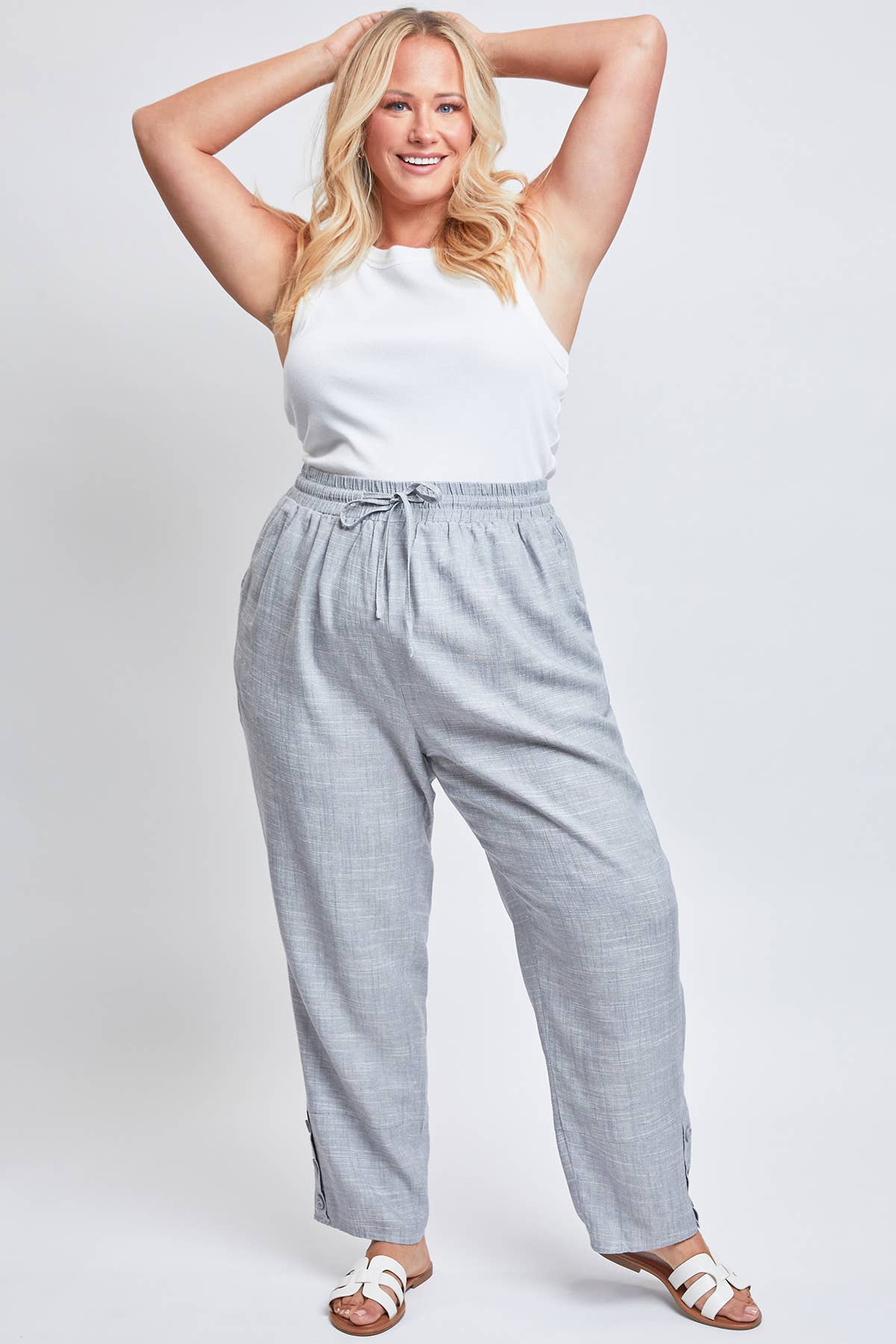 Linen Button Hem Flood Pants (Missy Plus Size)