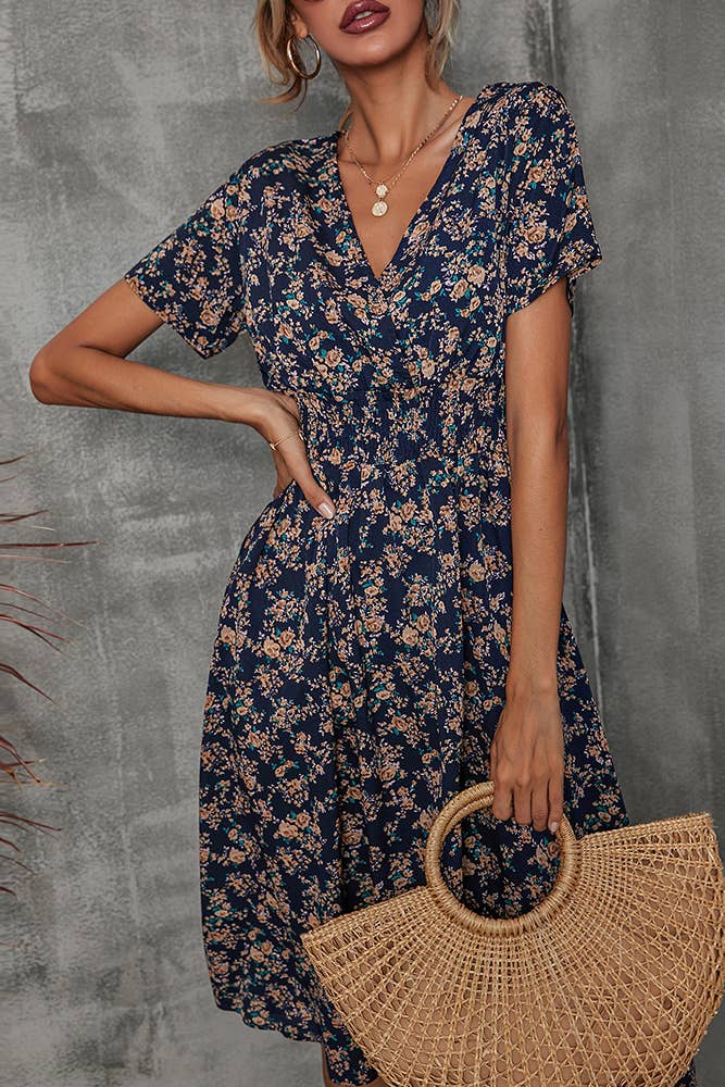 V Neck Smocked Waist Midi Floral Dress (Navy Floral)