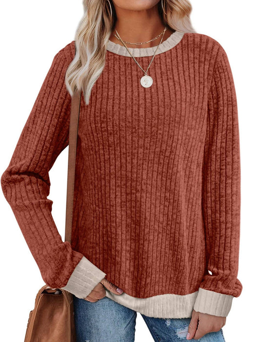 Ribbed Long Sleeve Crew Neck Pullover Top