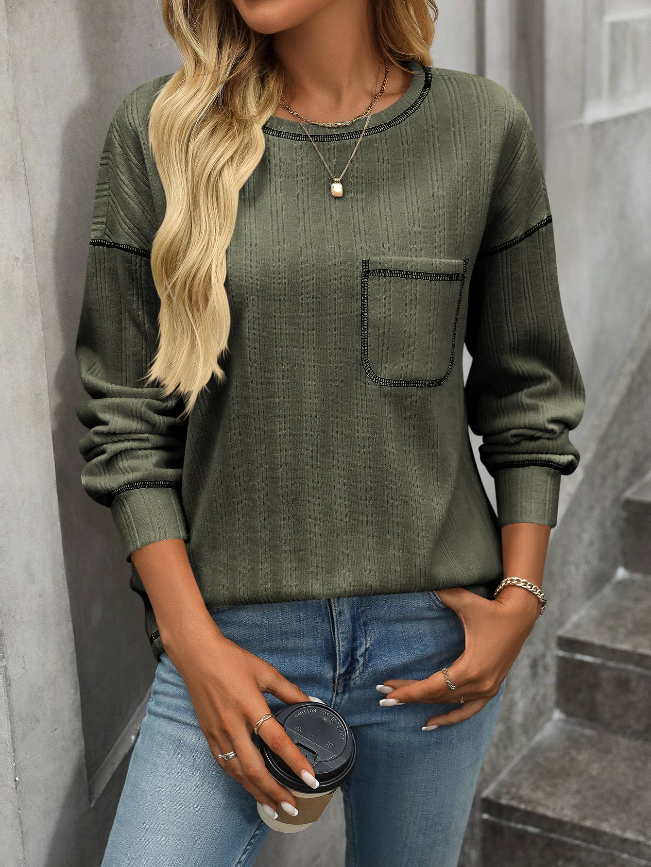 Pit-trimmed Round Neck Long Sleeve Shirt with Pocket