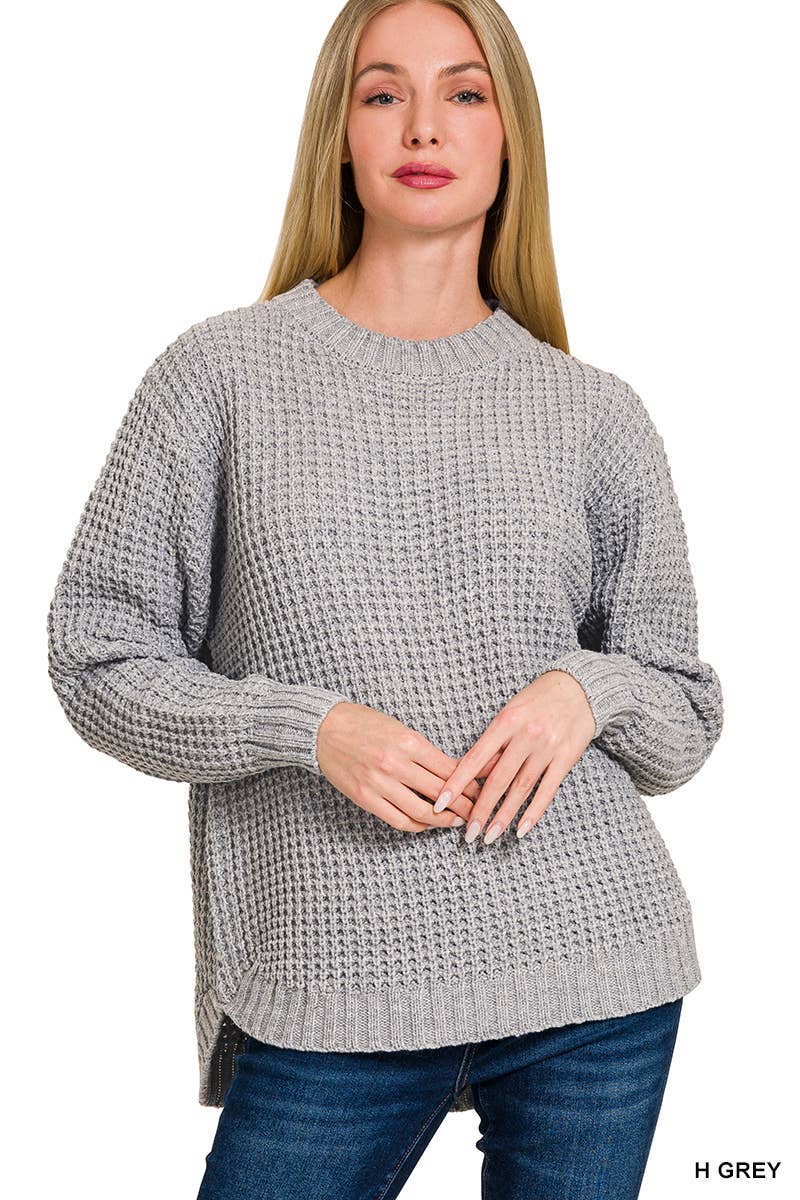 Hi-low Long Sleeve Round Neck Waffle Sweater