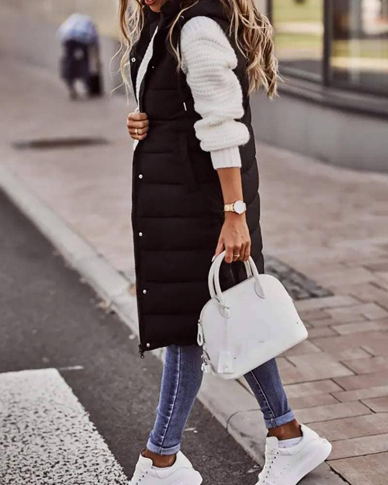 Pocket Button Design Hooded Puffer Vest Jacket