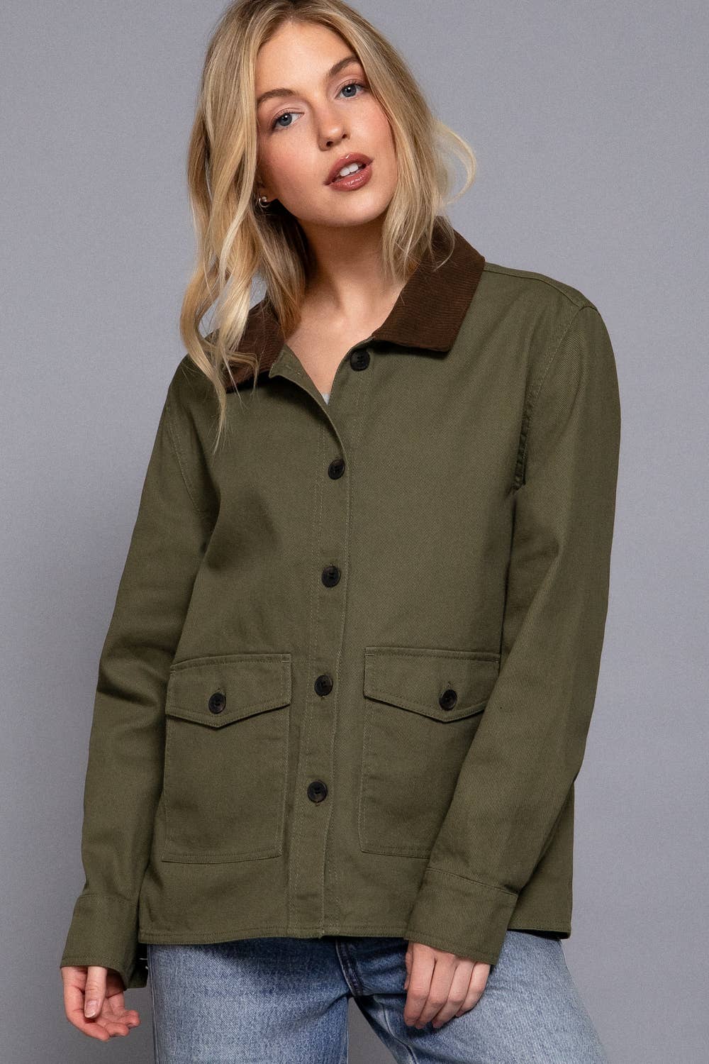 Long Sleeve Corduroy Collar Detail Cotton Twill Work Jacket