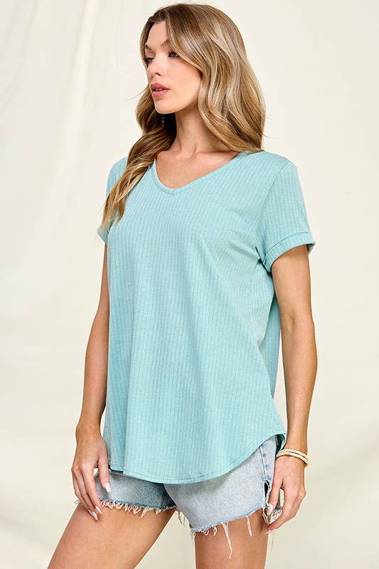 Ribbed V neck short sleeve top