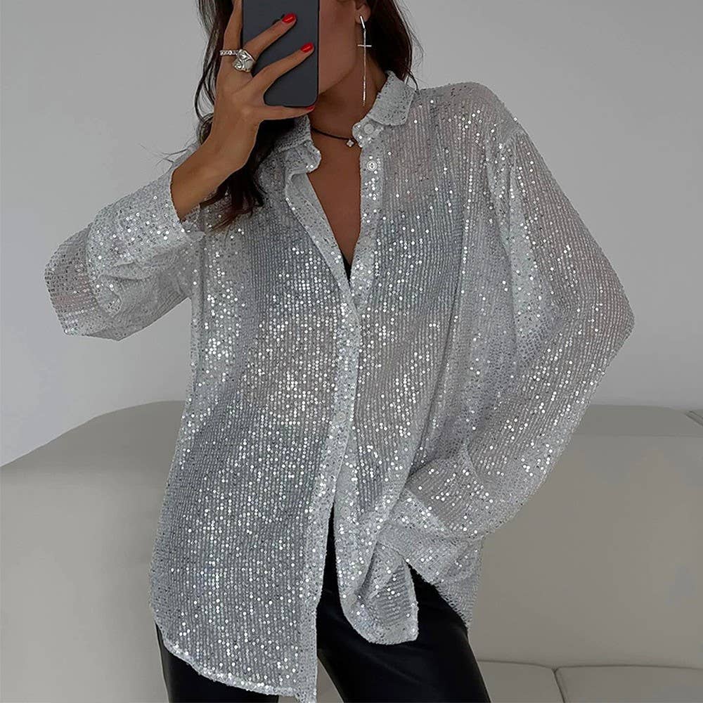 Sequins Stylish Casual Roll-Neck Shirt