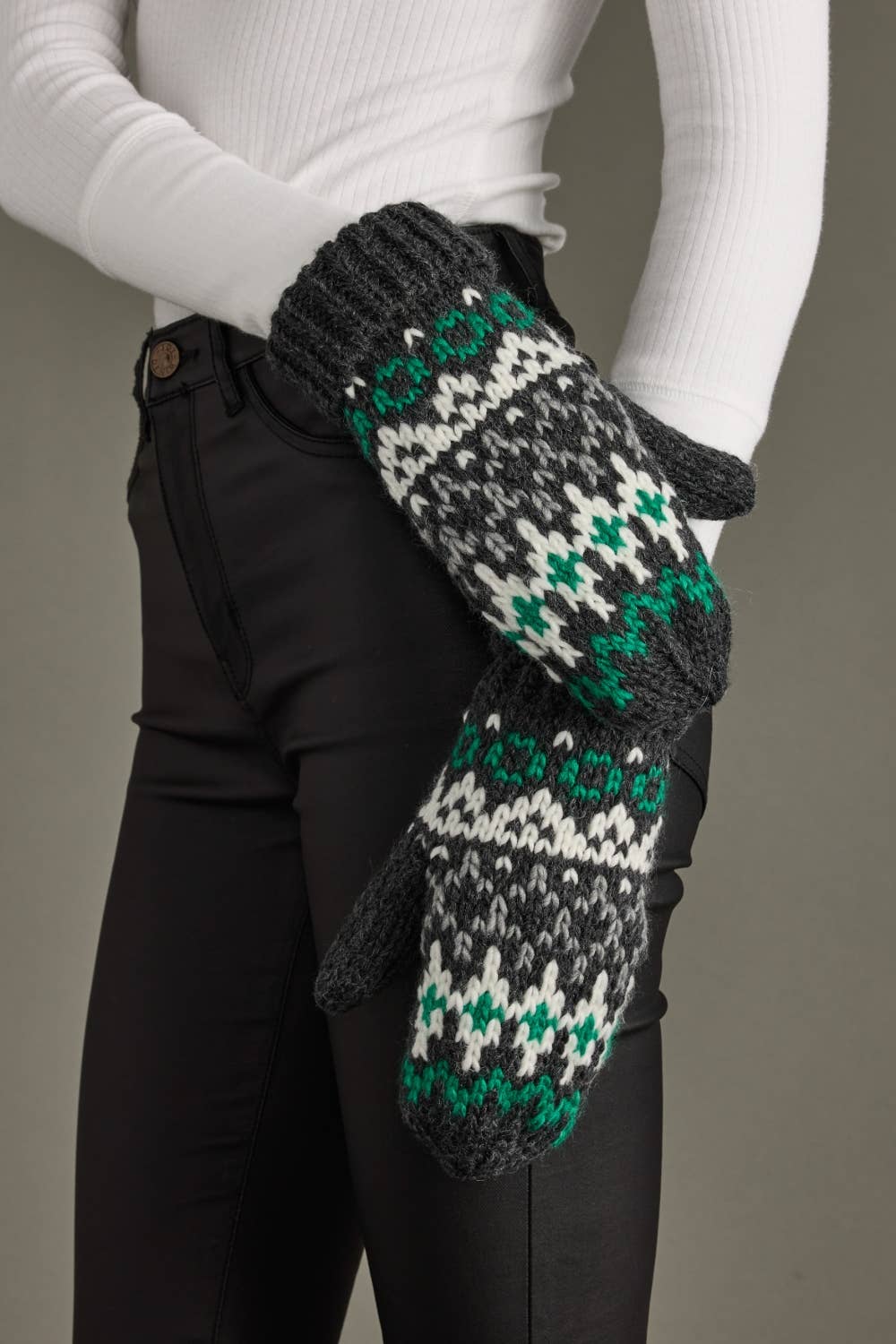 Dark Gray, White & Green Winter Pattern Mittens