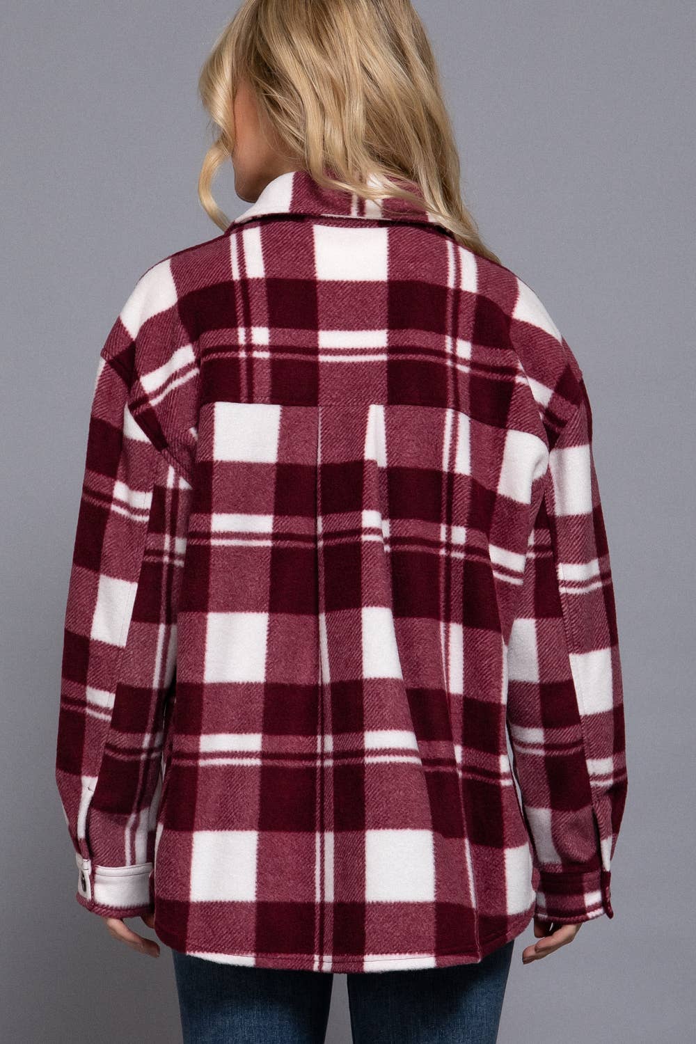 Long Sleeve Check Printed Fleece Shacket (light grey)