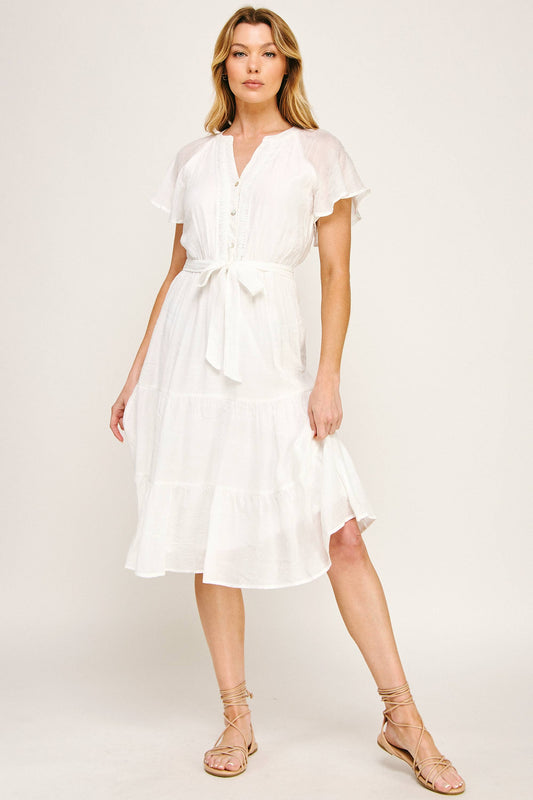 Papaya Glow Gauze Midi Dress with Trim Details