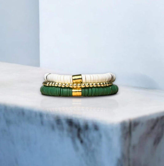 Green and White Game Day Bracelet Stack: Gold (7 inch)